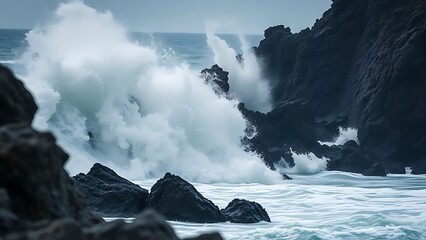 A massive ocean wave crashing against dark coastal rocks during a storm.