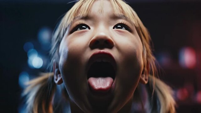 Close up of a childs face with open mouth and tongue sticking out