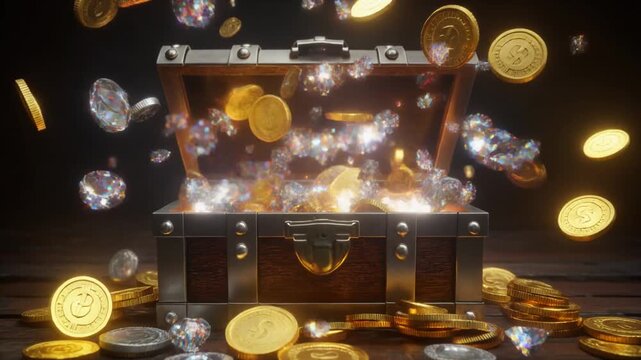 宝箱 金 銀 宝石 飛び出す 財宝 動画