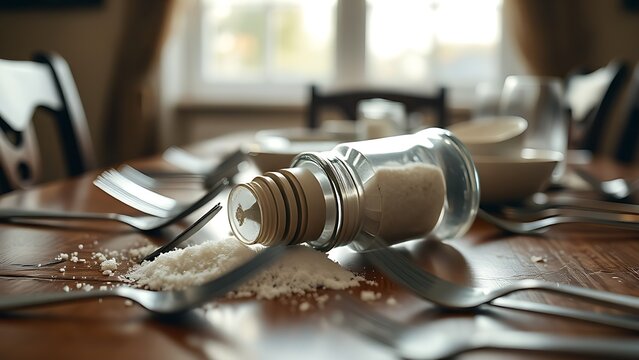 An overturned salt shaker on a dining table with scattered utensils in natural window light.