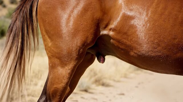 Close up of a brown horses flank and leg in an outdoor setting