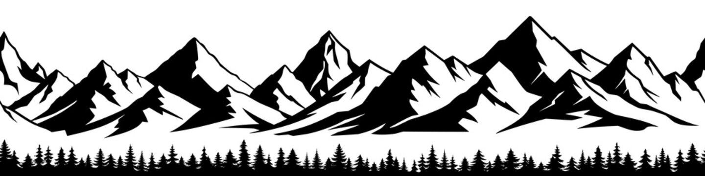 Silhouette mountain range and forest isolated on white background, seamless border, vector design