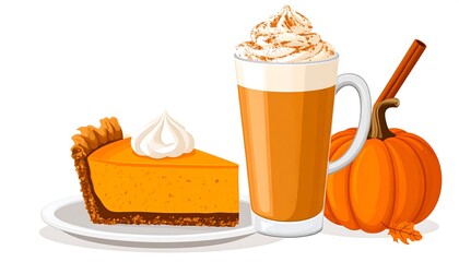 A slice of pie and a pumpkin spice latte next to a small pumpkin with a cinnamon stick