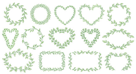 Obraz premium Versatile collection of green glitter leaf wreaths and frames in various shapes including circles, hearts, ovals, and rectangles for decorative design.