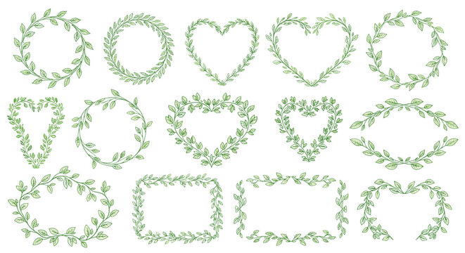 Versatile collection of green glitter leaf wreaths and frames in various shapes including circles, hearts, ovals, and rectangles for decorative design.