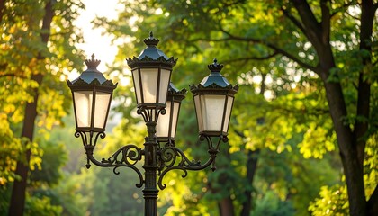 Ornate vintage lamppost with three lanterns in a sunlit green park.
