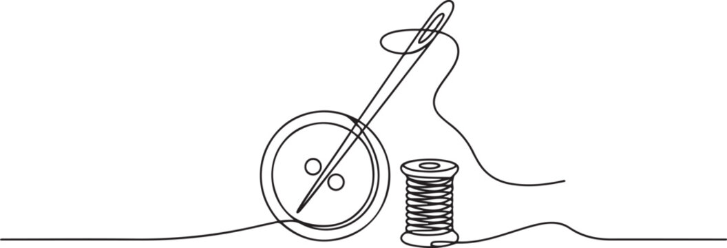 A button is strung on a sewing needle. A spool of thread is nearby. one line Art icon drawing vector