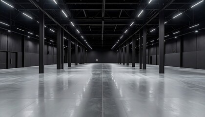 Large empty modern warehouse interior with high ceilings and polished concrete floor