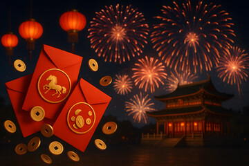 A vibrant Chinese New Year celebration scene red envelopes, fireworks, and a traditional pagoda at night Chinese New Year