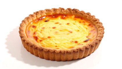 A golden-baked dessert, a custard-filled tart with a fluted crust, on a white surface