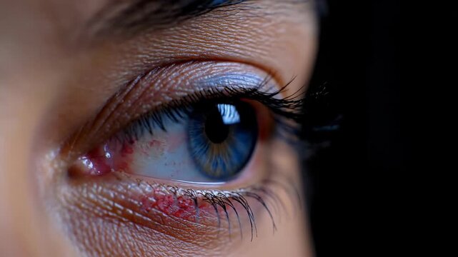 Close up of human eye with detailed iris and eyelashes on dark background