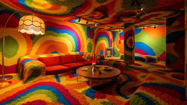 Vibrant Psychedelic Living Room with Retro Furniture and Swirl Patterns.