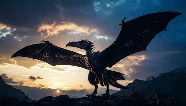 Pteranodon flying in the beautiful morning sky　美しい朝焼けの空を飛行するプテラノドン