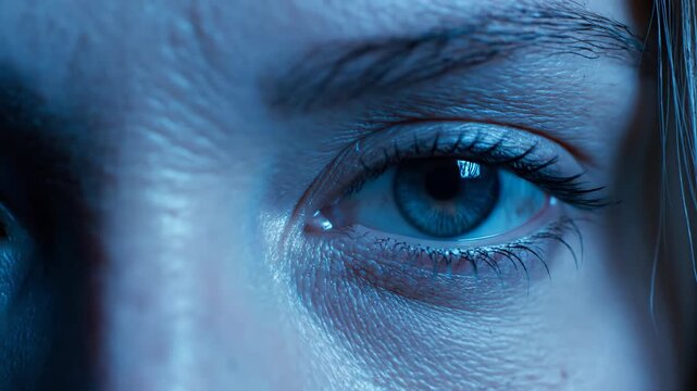 Close up of a human eye with blue iris artistic lighting and textures