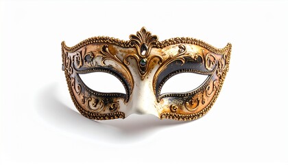 Venetian masquerade mask. Gold carnival mask. Ornate eye mask. White and gold color. Decorative face mask. Masks for parties. Fancy dress accessory. Vector illustration. Isolated on white