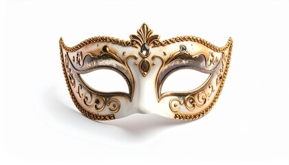 Venetian masquerade mask. Gold and white carnival mask. Ornate eye mask. Masks for parties and festivals. Elegant gold design. Isolated on white background. Decorative face mask. Party