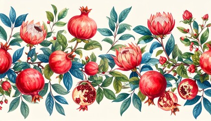 Pomegranate watercolor border with fruits and leaves, botanical illustration.