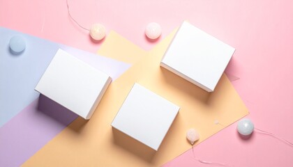 Colorful geometric shapes background. Pastel pink, purple, and yellow hues. White squares on pastel colors. Minimalist design with string lights. Carnival themed backdrop. Festive