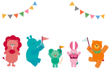 Fototapeta premium 旗を振ってお祝いするかわいい動物たちのイラスト