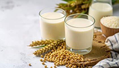 Healthy vegan soy milk in two glasses, surrounded by soybeans and wheat stalks on a bright, textured surface.