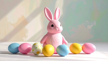 A pink bunny figurine stands amongst colorful eggs on a table, soft focus background