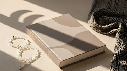High-angle shot of a book with neutral cover and prayer beads under soft organic shadows. Ideal for spiritual, lifestyle, or educational content.