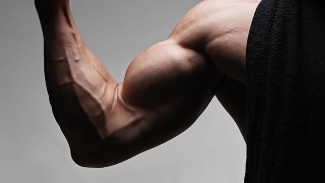 Close up of muscular arm flexing with detailed veins against neutral backdrop