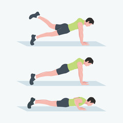 Man doing push up exercise step by step illustration, body weight workout sequence showing correct form and movement, fitness training concept in flat vector style isolated on light background