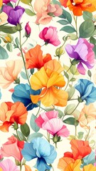 Vibrant Floral Watercolor Pattern - A Colorful Garden of Sweet Peas.