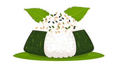Digitally created illustration of a triangular rice ball, sesame seeds, nori seaweed, and leaves