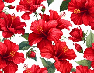 Vibrant Red Hibiscus Flower Pattern on White Background.