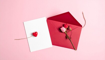 Valentine's Day card and envelope. Red envelope with roses and white card with heart. Valentine day gift. Romantic symbol. Love card. Greeting card. Heart shape. Pink background. Flat lay.