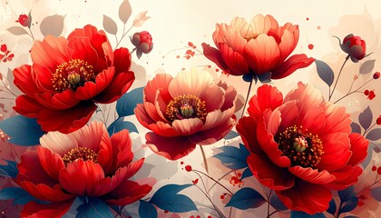 Vibrant Red Peonies in Full Bloom - A Floral Masterpiece.