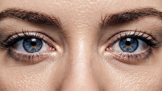 Close up of pair of blue eyes intense stare healthy skin texture