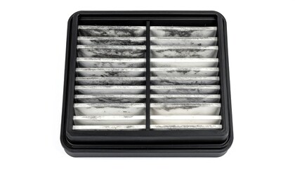 Close-up of a used, rectangular air filter with a black frame and multiple dirty pleats
