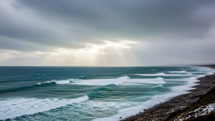Dramatic Coastal Landscape - Sun Rays Breaking Through Stormy Clouds Over Ocean Waves