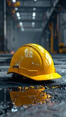 Yellow Hard Hat on Industrial Floor - Safety First.