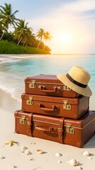 A stack of vintage suitcases and a straw hat on a tropical beach at sunset