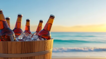 A wooden bucket filled with ice and beer bottles on a beach at sunset