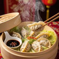 Steaming Hot Dumplings in a Bamboo Steamer Basket.