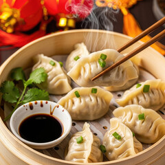 Steaming Hot Dumplings in Bamboo Steamer with Soy Sauce.