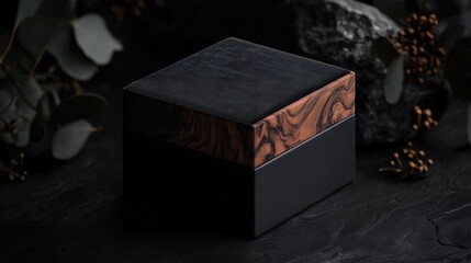 Dark, elegant cube-shaped gift box with marbled design.