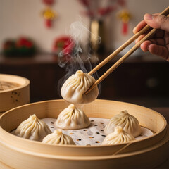 Steaming Hot Soup Dumplings Being Lifted by Chopsticks.