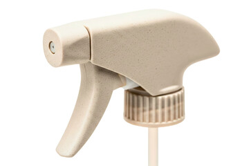 Beige plastic trigger sprayer nozzle for liquid bottle isolated with transparent background