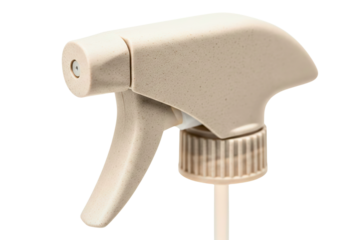 Beige plastic trigger sprayer nozzle for liquid bottle isolated with transparent background