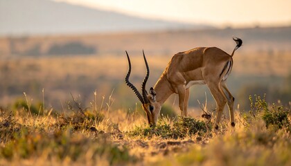 A graceful antelope grazes peacefully on a sunlit African savanna, its horns displayed