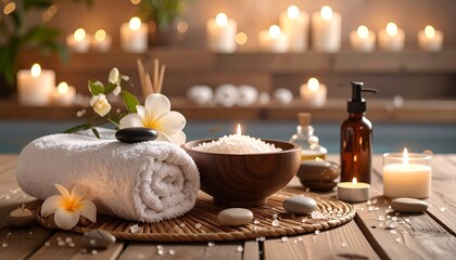 Serene spa arrangement with towel, plumeria, bath salts, and warm candlelight on a wooden table.
