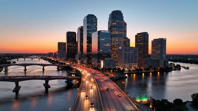Sunset-lit city skyline with glass towers beside a river, a bright bridge, and busy traffic at dusk