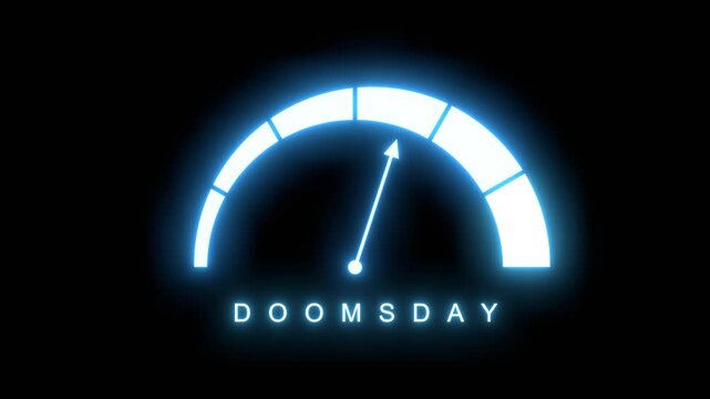 Doomsday risk meter showing big levels. Dangerously increasing high values, critical overload. Too much, off the charts. Politic and social responsibility concept. Neon glowing.
