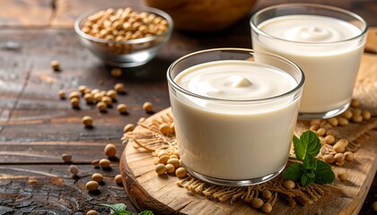 Fresh homemade soy milk in two glasses, surrounded by soybeans and mint garnish on a dark wooden surface.
